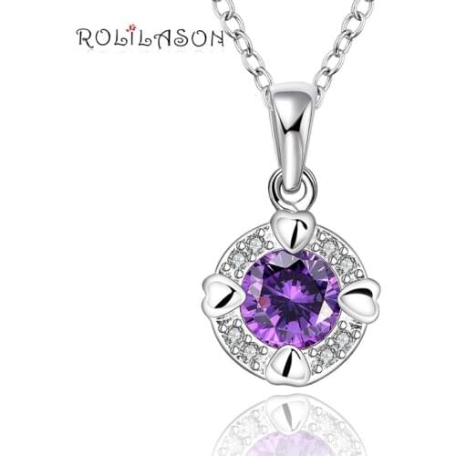 ROLILASON Anniversary gift Cubic Zirconia purple Crystal Classic Fashion Silver Necklace Pendant LN653