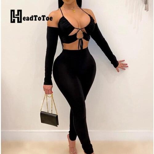 Solid Lace Up Hallow Out Draped Sexy Club Two Piece Outfits Woman Long Sleeve Off Shoulder V Neck Pencil Slim 2 Piece Set Women