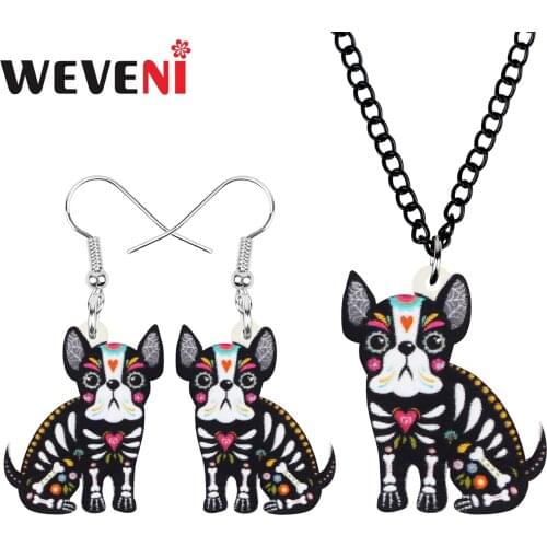 WEVENI Acrylic Halloween Black Bulldog Dog Jewelry Sets Lovely Animal Earrings Necklace For Women Kids Birthday Gift Jewellery