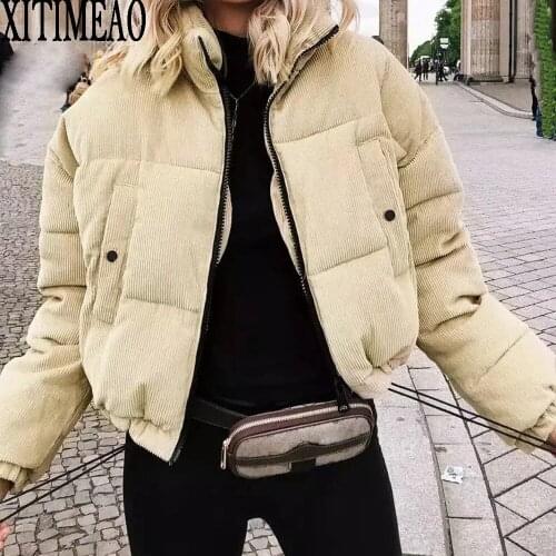 Za Women 2021 Fashion Corduroy Jacket Thick Warm Parka Cotton Coat Vintage Long Sleeve Female Outerwear Chic Tops