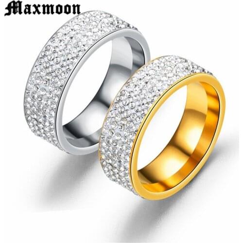 Maxmoon 5 Row Lines Clear Crystal Jewelry Fashion Gold Silver Color Stainless Steel Engagement Rings for Women Men Gift