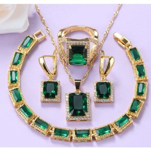 Yellow Gold-Color Luxury Women Green Jewelry Set With Cubic Zirconia Necklace Sets Bracelet And Ring Wedding Costume