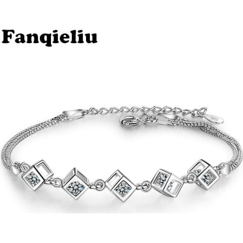 Fanqieliu 925 Sterling Silver Chain Adjustable Bracelets For Women Square Box Zircon Crystal Bracelet Charm Bangles FQL20168