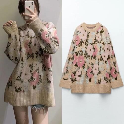 TRAF Za Wpomens Oversize Sweater Woman Floral Knitted Women Sweater Autumn Long Sleeve Top Jacquard Pullover Vintage Sweaters