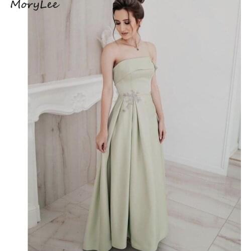 2021 Prom Dresses Strapless A-Line Floor Length Satin Crystal Beaded Prom Dresses With Lace Up Back vestidos de fiesta de noche