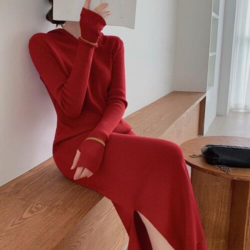 2021 Autumn Winter High Quality Sweater Dress Women New Fashion Hooded Pullovers Knitted Long Sleeve Dresses