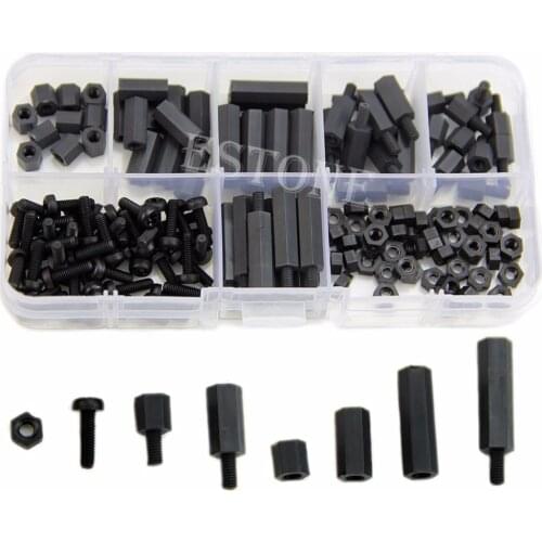 160Pcs M3 Nylon Black M-F Hex Spacers Screw Nut Assortment Kit Stand off Set Box