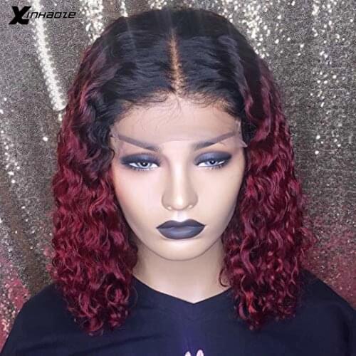 1B/99j Ombre Burgundy Short Curly Lace Front Human Hair Wigs With Baby Hair Pre Plucked Brazilian Curly Bob Wigs Bleached Knots