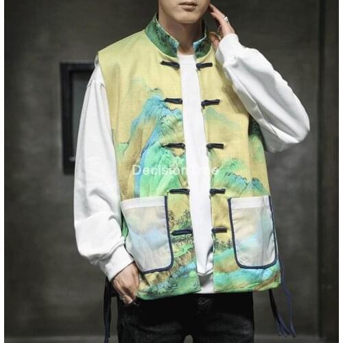 2021 men cotton linen vest chinese traditional clothes male retro hanfu tang suit streetwear vest breathable men tank tops