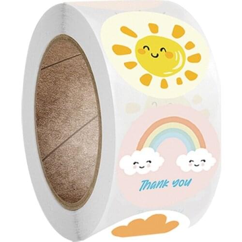 500pcs 1 " Cartoon Weather Thank You Stickers Sun Cloudy Rainbow Rain Design Love Heart Flower Business Gift Box Tag Label