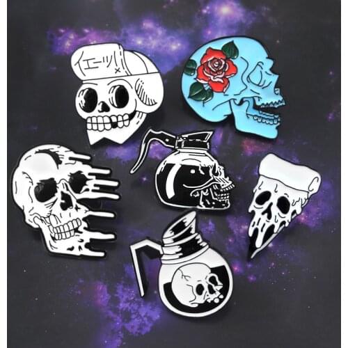 Skeleton Punk Brooch Rose Skull Coffee Pot Pizza Mucus Japanese Samurai Ninja Enamel Pin Denim Leather Badge Neo-Gothic Jewelry
