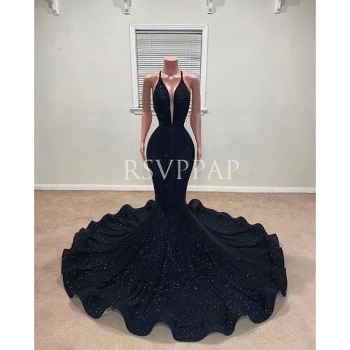 Black Mermaid Long Prom Dresses 2021 Sexy Deep V-neck Backless Sparkly Sequin Party Prom Gowns