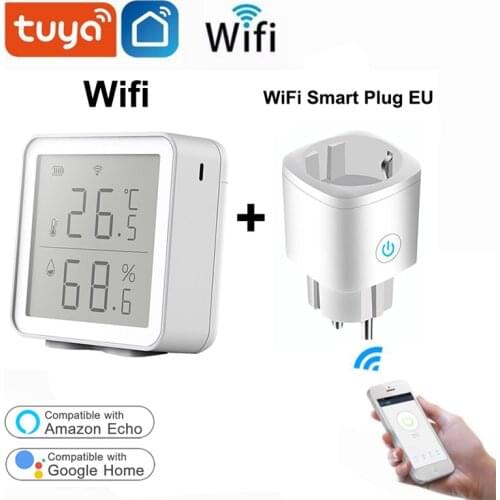 Support Google Home/Alexa Tuya WIFI Temperature And Humidity Sensor With LCD Display Tuya/Smartlife Wireless EU 16A Plug