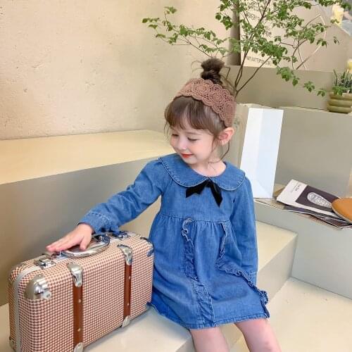 2021 autumn girls sweet wind princess dress baby Korean doll collar lace washed denim dress kids clothes