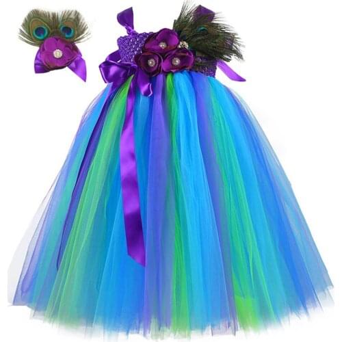 Peacock Flower Girl Dresses for Kids Birthday Party Long Tutu Dress Carnival Halloween Costumes Girls Princess Fluffy Ball Gown
