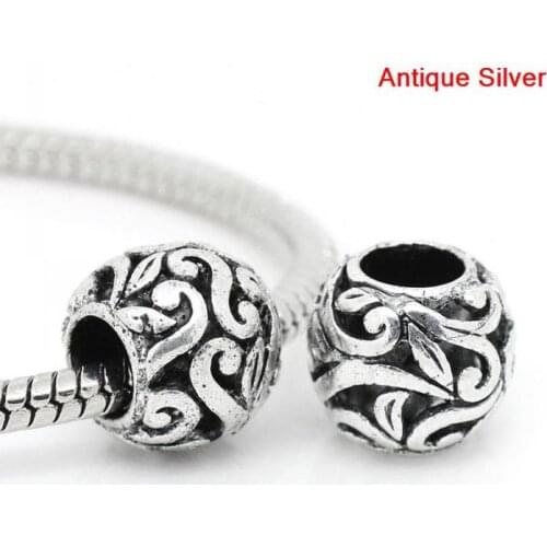 DoreenBeads Retail Copper European Charm Beads Round Silver Color Flower Pattern Carved 12mm Dia,Hole:Approx 5.8mm,10PCs