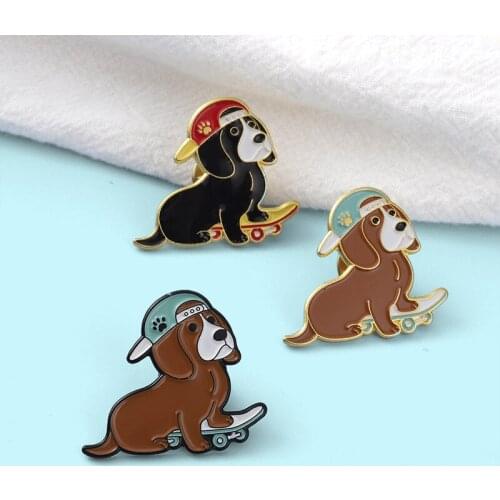 Skateboard Puppy Brooch Cartoon Cute Little Animal With Hat Alloy Enamel Badge Men And Women Backpack Sweater Pin Jewelry Gift