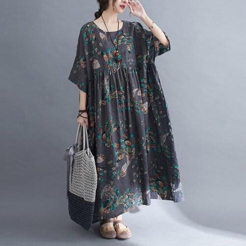 FairyNatural Female Summer Plus Size Print Dress 2021 O-neck Short Sleeve 2 Colors Pockets Ladies Casual Loose Floral Dresses