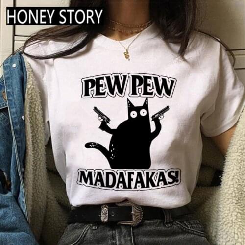 Pew Pew Madafakas Women T Shirt Black Cat Tshirt Meme Harajuku Casual T-shirt Harajuku 90s Streetwear Female Grunge Tops Tee