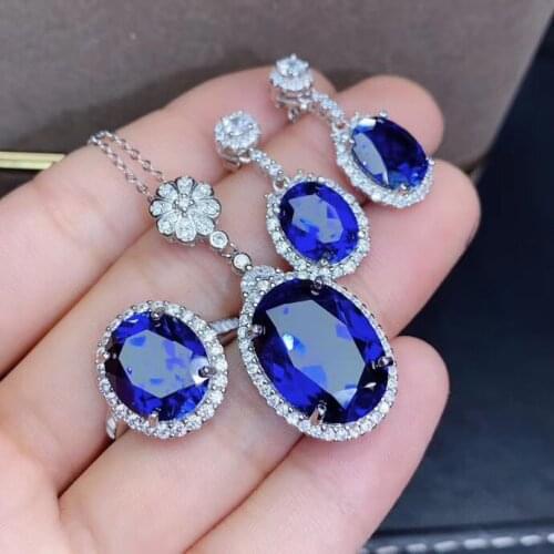 Natural And Real Sapphire Set 925 Sterling Silver 1pc Sapphire Ring,2pcs Sapphire Earring,1pc Sapphire Pendant For the Party