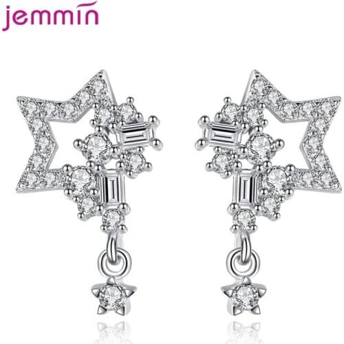 Romantic Shiny Star 925 Sterling Silver Stud Earrings With 5A Cubic Zirconia Crystals Piercing Jewelry Gift Ear Line For Women