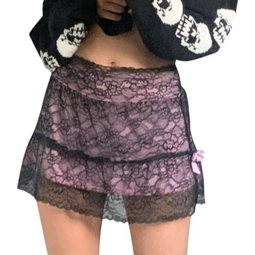 Sexy Lace Patchwork Mini Skirts for Women Harajuku Vintage Aesthetic 90s A-line Skirts Streetwear Fashion Skirt Cuteandpscho New