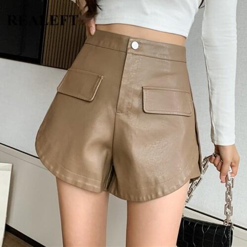 REALEFT Autumn Winter Irregular Womens Faux PU Leather Shorts 2021 New High Waist Elegant Short Wide Leg Trousers Pocket Female