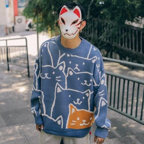 Sweater Men Streetwear Fashion Casual Thick Cat Cartoon Clothes Long Sleeve Harajuku Style Winter Knitted Sweater Men Pullovers