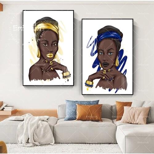 Embelish 1 Pieces African Woman With Golden Turban Modern Home Decor Wall Art Pictures For Living Room HD Spray Canvas Paintings