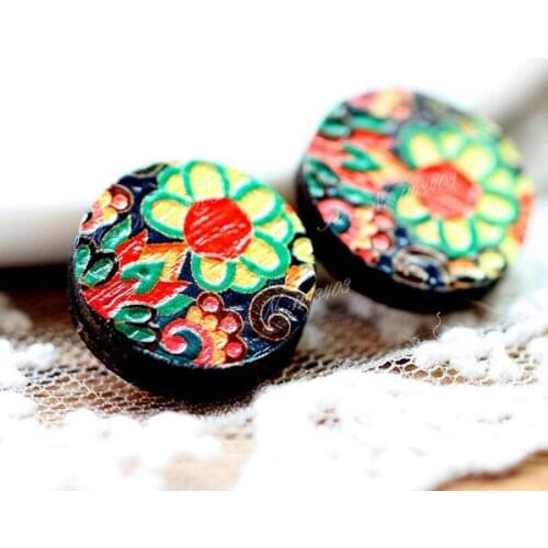 Unique 3D Flower Embossed 16mm Round Coloured Drawing pattern Laser Cut wood Cabochon DIY for Rings, Earring,Brooch,Necklace