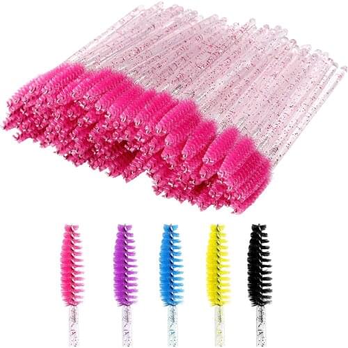 High Quality Disposable 50 Pcs/Pack Crystal Eyelash Makeup Brush Diamond Handle Mascara Wands Eyelash Extension Tool