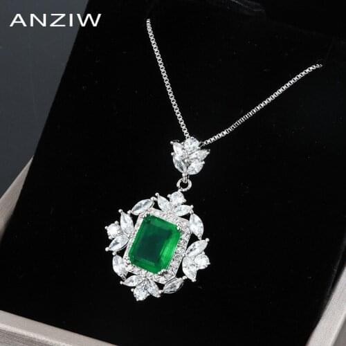 ANZIW Sterling Silver Emerald Cut 10x14mm Lab Created Emerald Vintage Classic Pendant Necklace For Women Jewelry Gifts