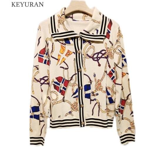 Print Knitted Cardigan Women 2021 Autumn New Vintage Turn-down Collar Long Sleeve Single-breasted Loose Cardigans Sweater Jacket