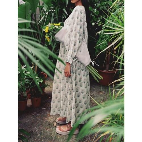 YVYVLOLO 2021 Za Dresses Women Summer Print Vintage Front Button Ties Dress Fashion Tied Slit Cuff Vacation Long Female Dress