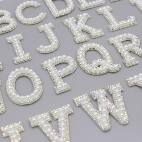 1pcs English Alphabet Patches Cloth Stickers With White Pearls Crystal AB Sew On Patch For Dress Glue On Bags DIY Crafts