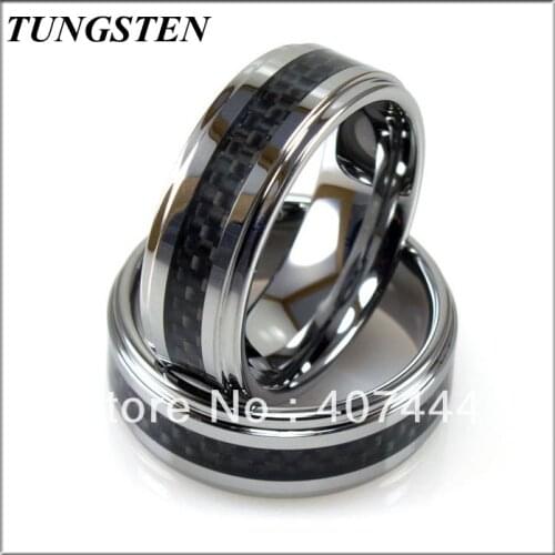 Wholesales Cheapest Price10 pieces /lot 8MM Tungsten Stepped Edged Black Carbon Fiber Ring Mens Ring Classic Wedding Ring