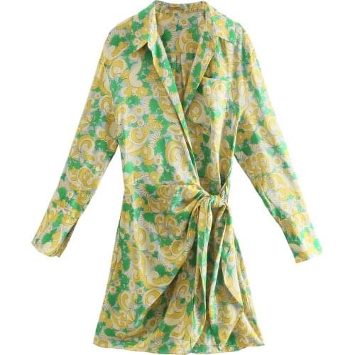 2021 Women Vintage Floral Print Casual Slim Mini Shirt Dress Female Chic Long Sleeve Bow Tied Wrap Kimono Vestidos