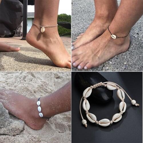 S181 Fashion Bohemian Shell Pendant Rope Chain Handmade Anklets For Women Adjustable Multilayer Foot Leg Boho Ankle Bracelet