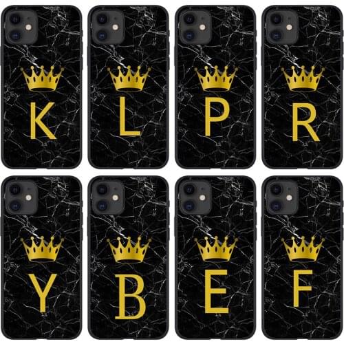 Initial Letter A Z Crown Phone Case For iPhone 11 12 Mini Pro X XR XS Max 8 7 Plus SE 2020 Marble Texture Couples Soft TPU Cover