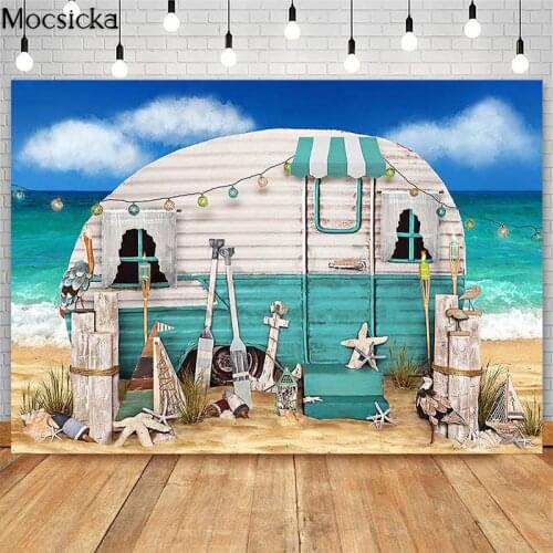 Summer Beach Camping Backdrop Childrens First Birthday Cake Smash Photo Props Studio Booth Background Blue Sea Photoshoot
