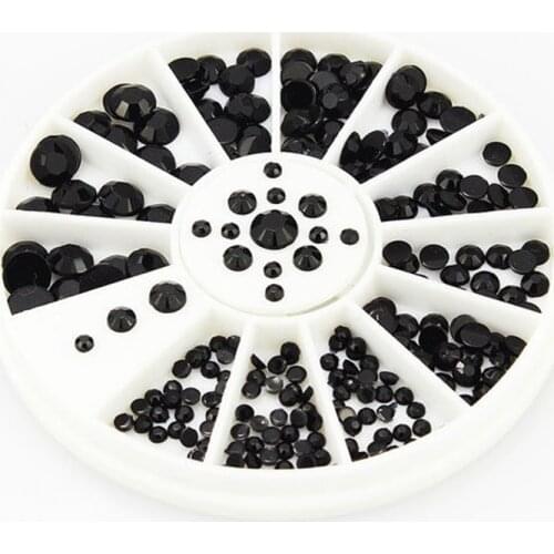 Hot !Mix 4 Sizes Black 3D Nail Art Rhinestone Pearls Acrylic Flat-back Nail Tips Sticker Decoration Wheel Box Nail Rhinestone