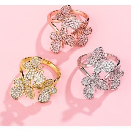 The new three butterfly womens open ring full of zircon simple hip-hop ring bling