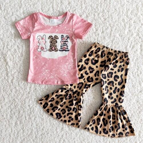 Wholesale High Quality Easter Day Clothing Set Girl Pink Color Shirt And Leopard Bell Pants Kids Cute Rabbits Outfits