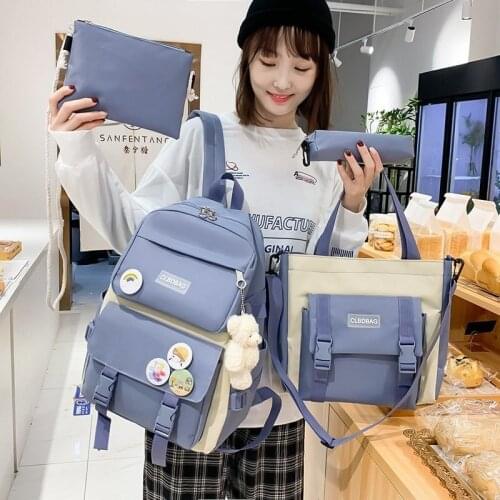 2021 Women Laptop Backpack 4 Pcs Set Harajuku Canvas School Bags For Teenage Girls Kawaii College Student Kids Book Bag Rucksack