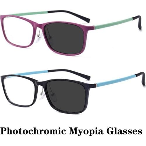 Young Fashion Photochromic Myopia Glasses Good Quality TR90 Rectangular Eyewear Frame With Clear Lens Minus -0.5 To -6.0