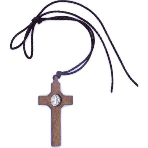 Jesus Cross Necklace Wood Metal Pendant Jewelry Men Womens Catholic Religious