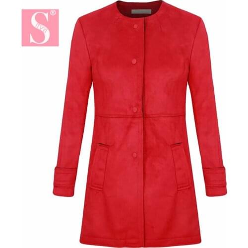 STVY Women Suede Motorcycle Leather Coat Ladies Red O-neck Patchwork Leather Trench 2018 Spring Autumn Long Outwear