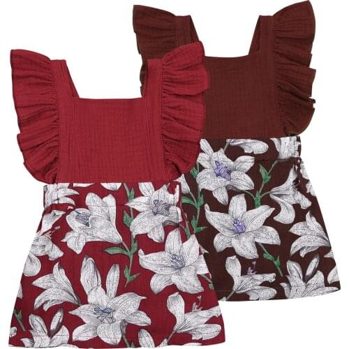 6M-3T Infant Baby Girls Casual Dress, Floral Printed Pattern Square Collar Sleeveless One-piece, Red/ Brown