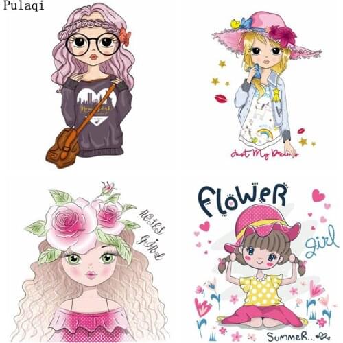 Pulaqi DIY Cute Girl Iron on Transfer for Clothes Stripe Ironing Heat Transfer Vinyl Thermal Stickers for Baby Clothing Applique