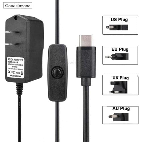 Raspberry Pi 4 B Power Supply, US EU UK AU Plug 5V 3A USB C USB-C 1m 39.37" Cable Charger Adapter For Raspberry Pi 4 model B
